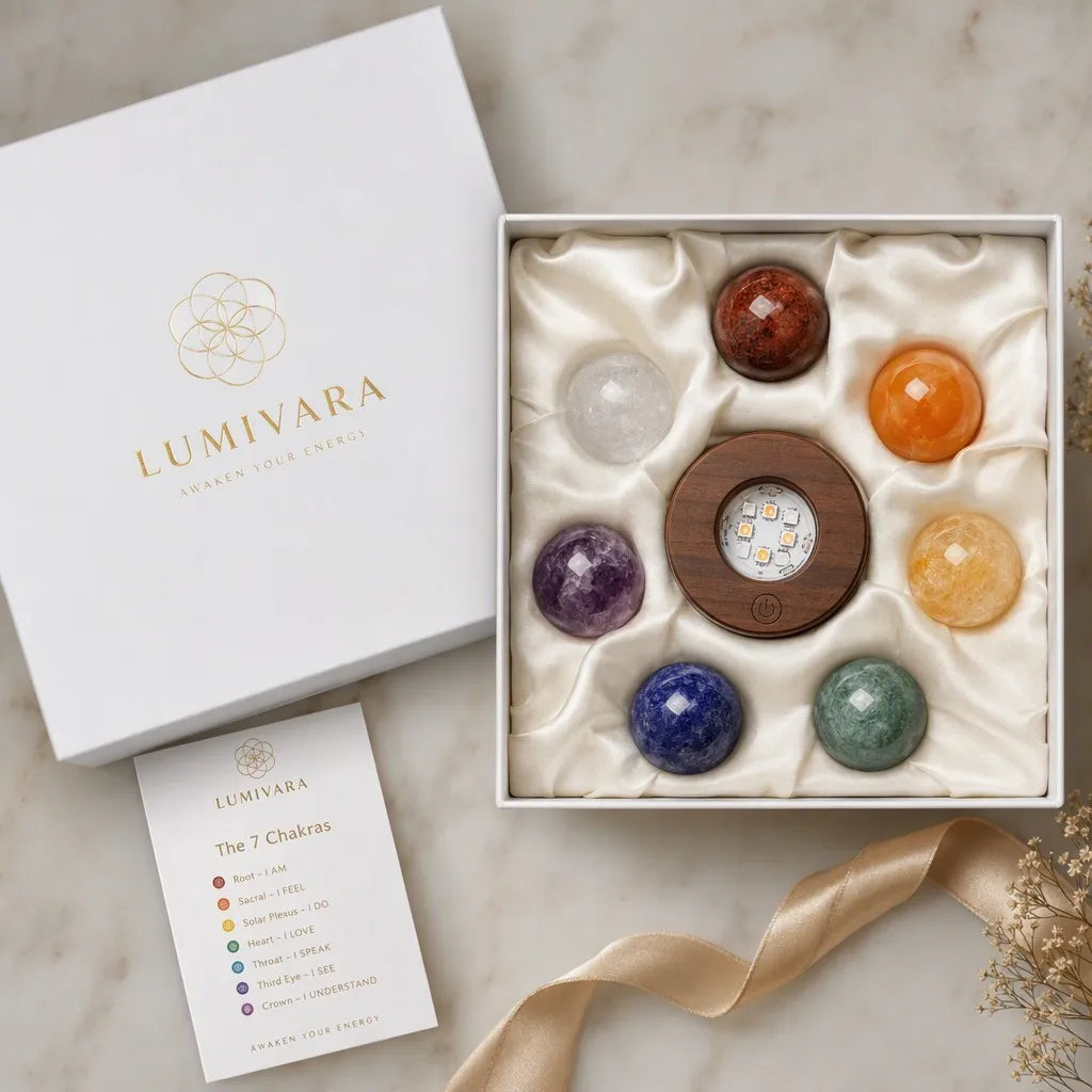 7-Color Chakra Crystal Spheres with LED Wooden Base