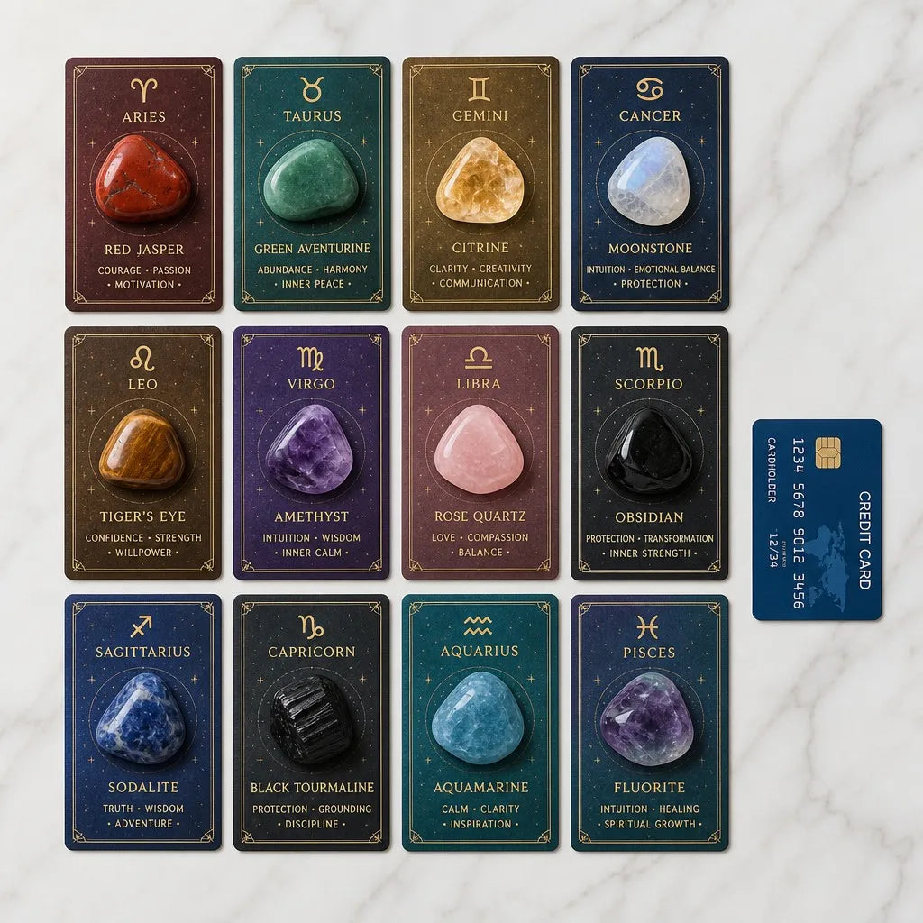 Zodiac Crystal Card Set with Moon & Star Velvet Pouch