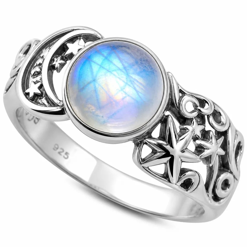 925 Sterling Silver Rainbow Moonstone Celestial Star Ring
