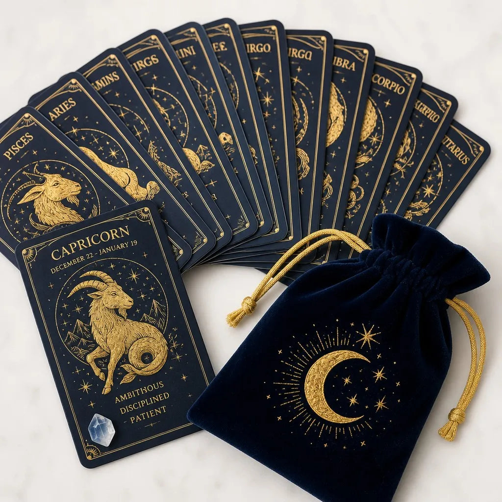 Zodiac Crystal Card Set with Moon & Star Velvet Pouch