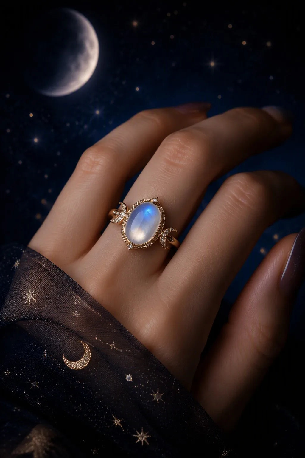 925 Sterling Silver Rainbow Moonstone Celestial Star Ring