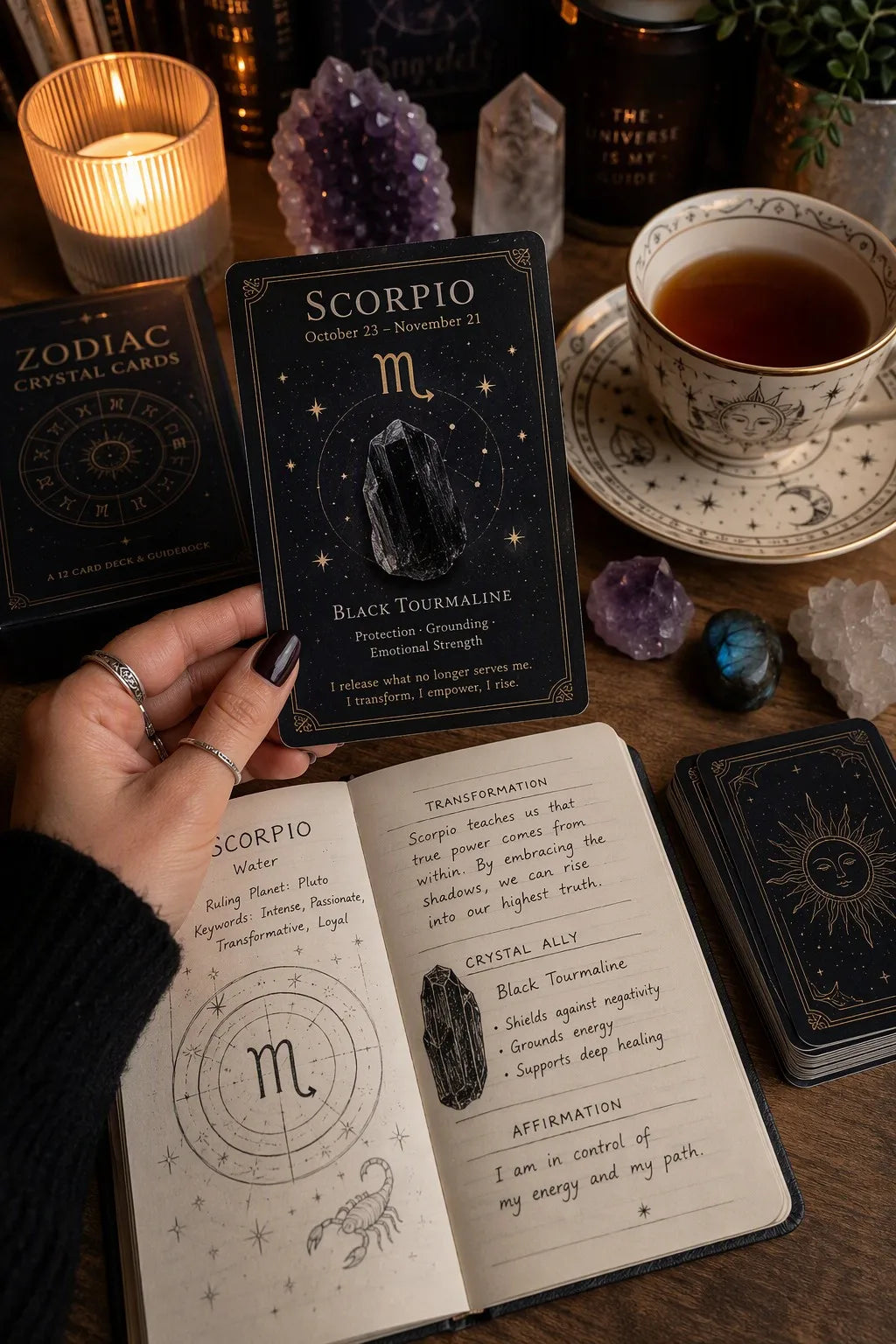 Zodiac Crystal Card Set with Moon & Star Velvet Pouch