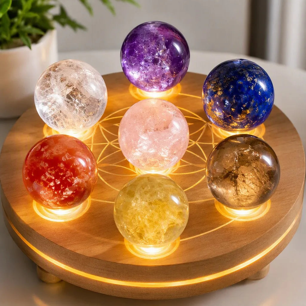 7-Color Chakra Crystal Spheres with LED Wooden Base