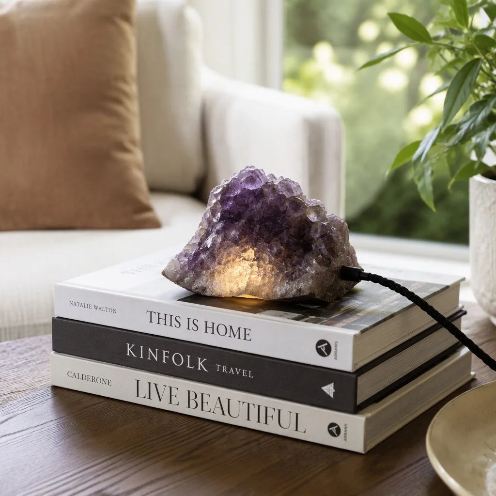 Natural Raw Amethyst Crystal Lamp with USB Wooden Base