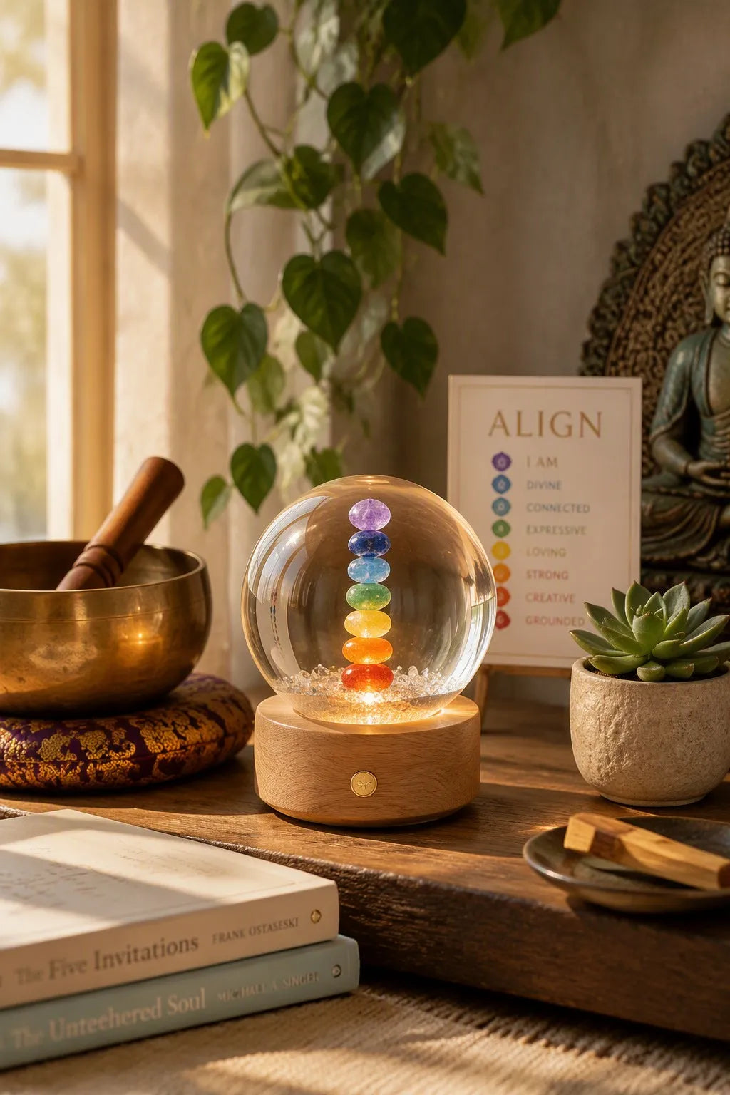 7-Color Chakra Crystal Spheres with LED Wooden Base