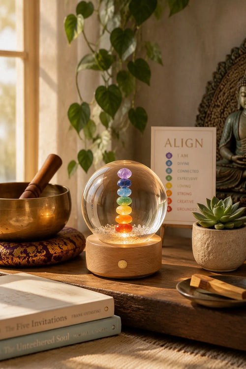 7-Color Chakra Crystal Spheres with LED Wooden Base