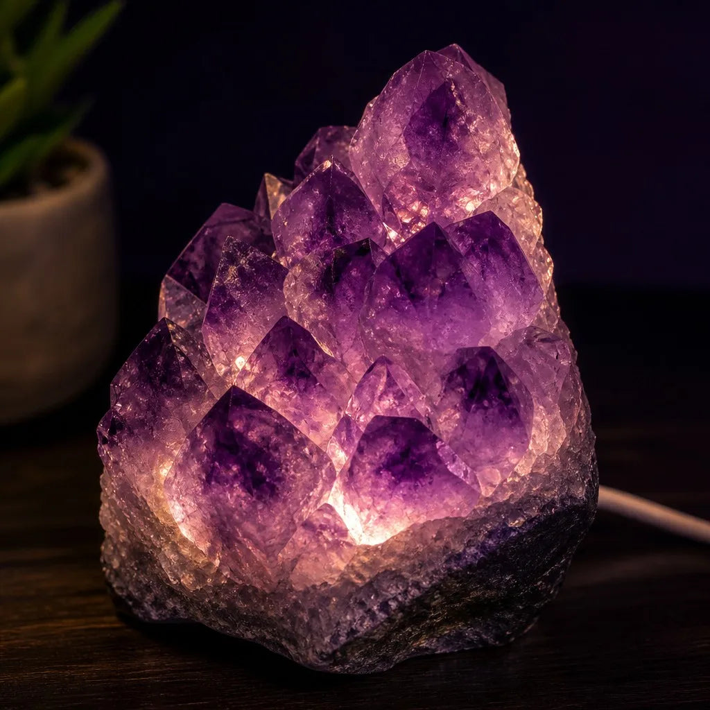 Natural Raw Amethyst Crystal Lamp with USB Wooden Base