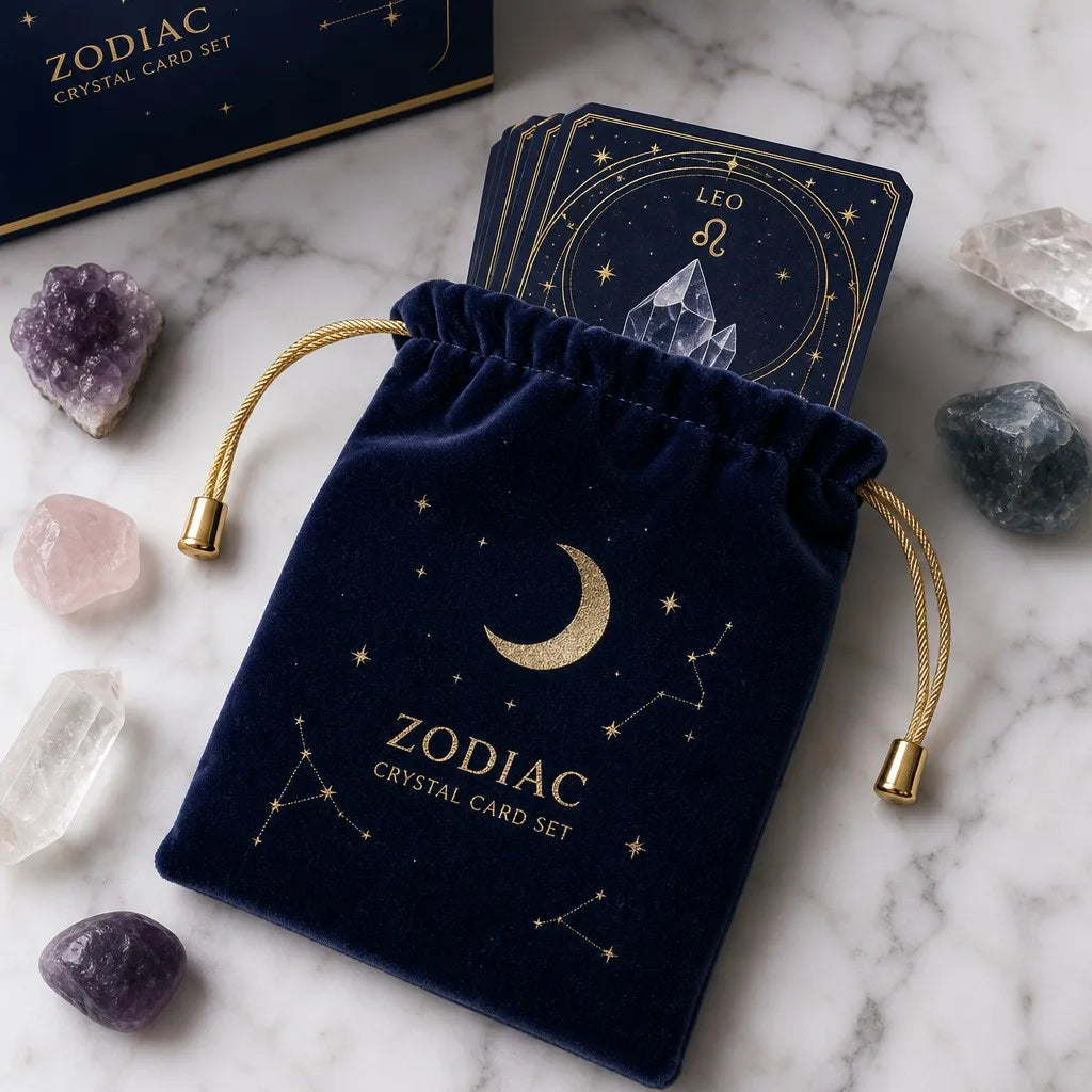 Zodiac Crystal Card Set with Moon & Star Velvet Pouch