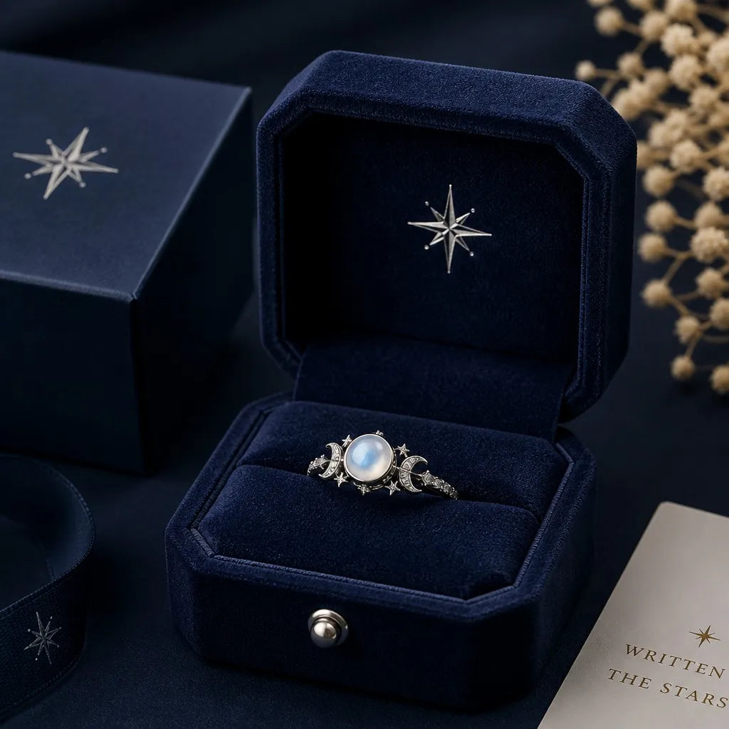 925 Sterling Silver Rainbow Moonstone Celestial Star Ring