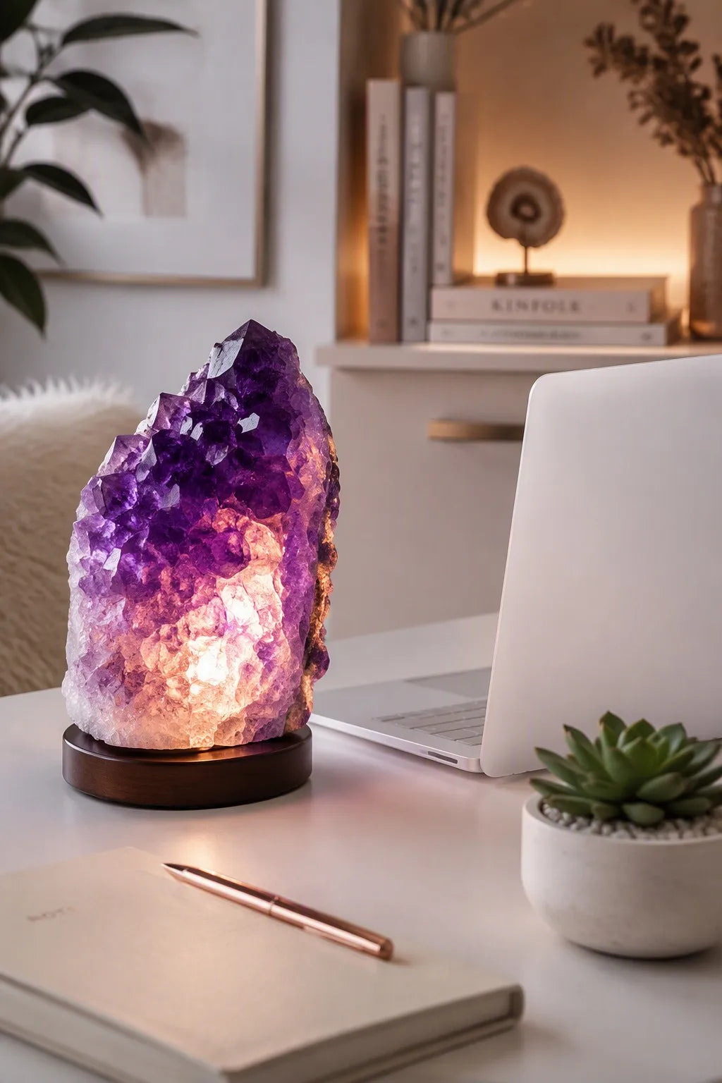 Natural Raw Amethyst Crystal Lamp with USB Wooden Base