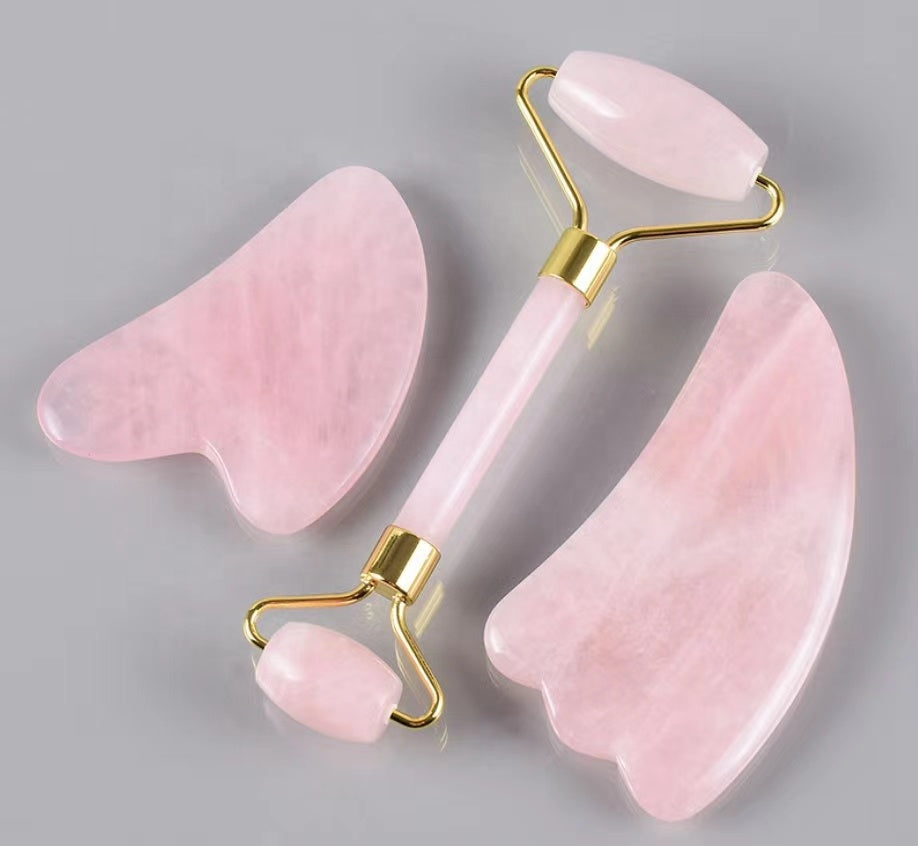 Rose Quartz Jade Roller & Gua Sha Set - Facial Massage Beauty Ritual