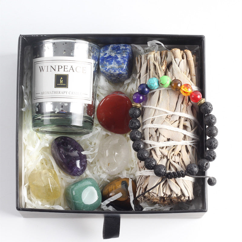 Meditation crystal healing gift box with sage bracelet tumble stones candle