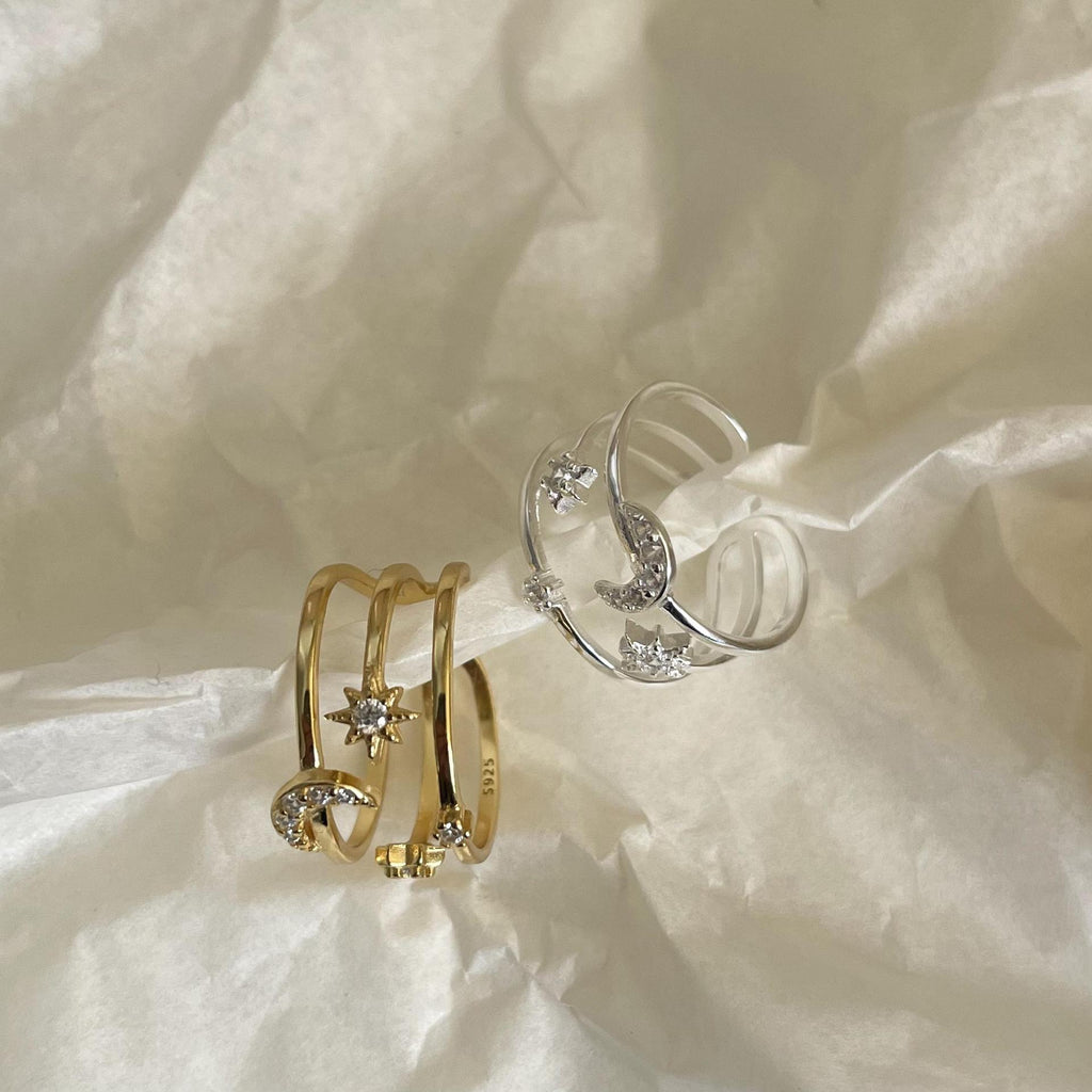 Sun Moon Star 925 Sterling Silver Crystal Ring - Celestial Spiritual Jewelry