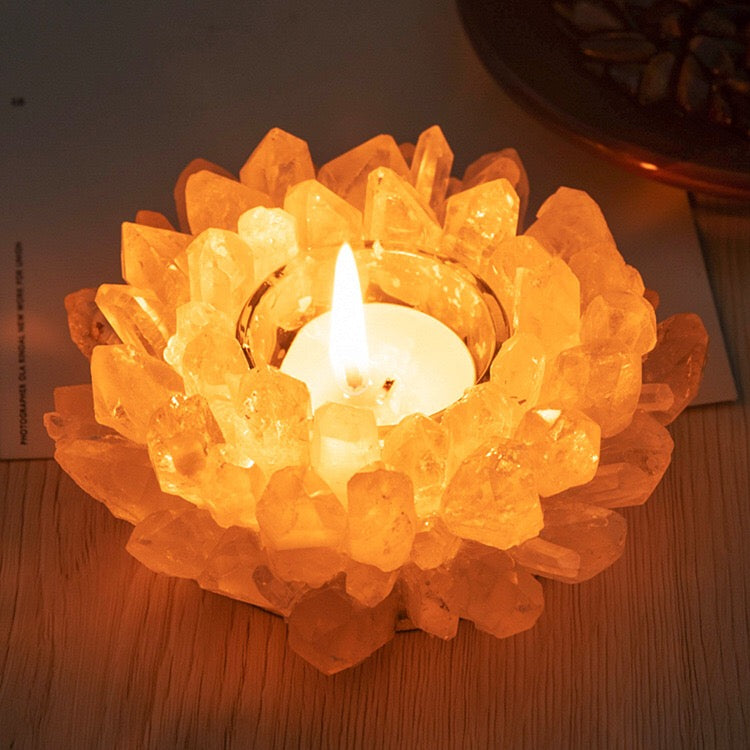 Natural Crystal Lotus Tealight Candle Holder - Quartz Cluster Sacred Decor