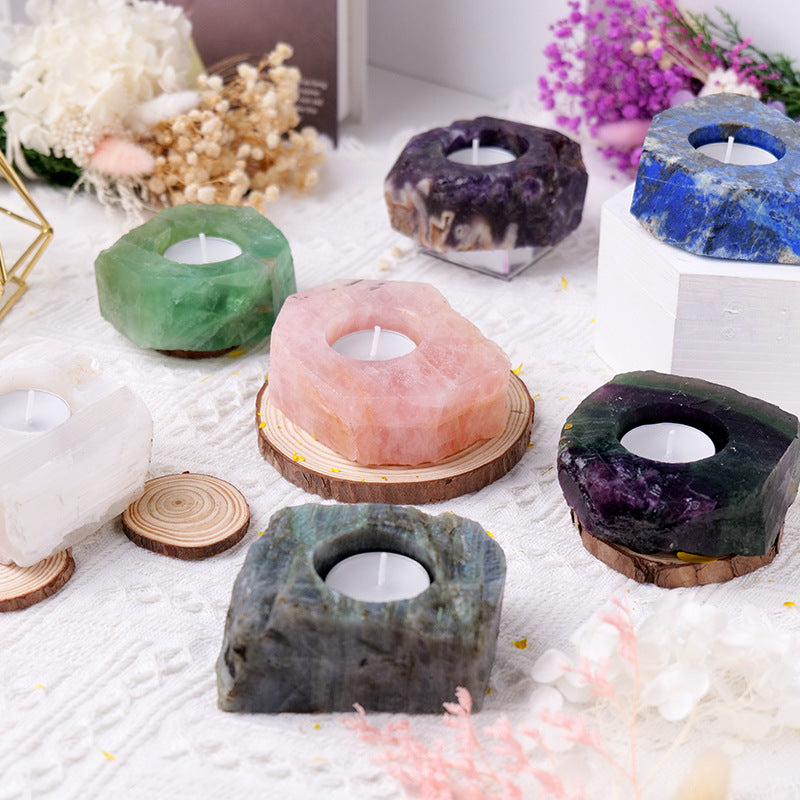 Natural Crystal Lotus Tealight Candle Holder - Quartz Cluster Sacred Decor