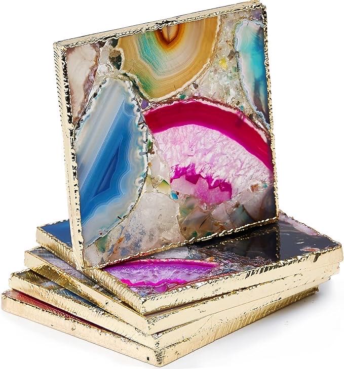 Natural Agate Slice Coaster Set | Polished Geode Stone Plates Wholesale