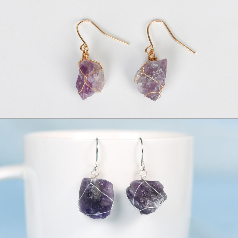 Natural Crystal Drop Earrings Amethyst Rose Quartz Raw Stone