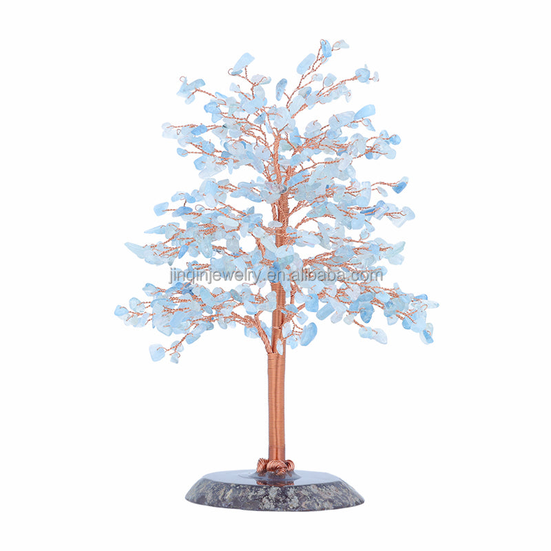 Aquamarine Crystal Tree with Wooden Base — Throat Chakra Calm
