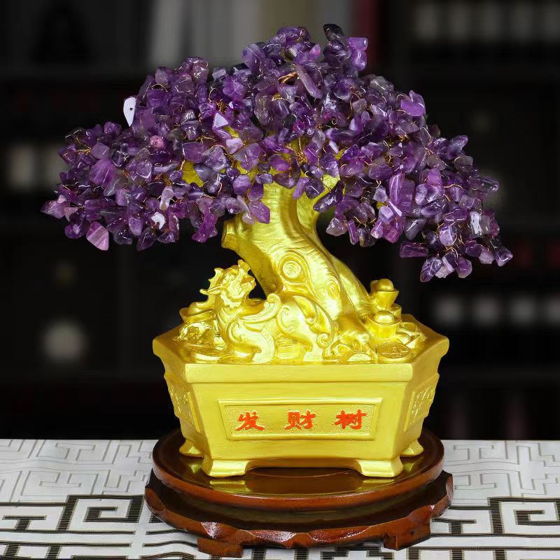 Full view large crystal tree dense chip canopy stone base