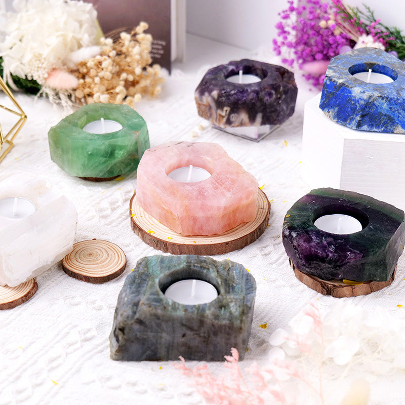 Natural Crystal Lotus Tealight Candle Holder - Quartz Cluster Sacred Decor