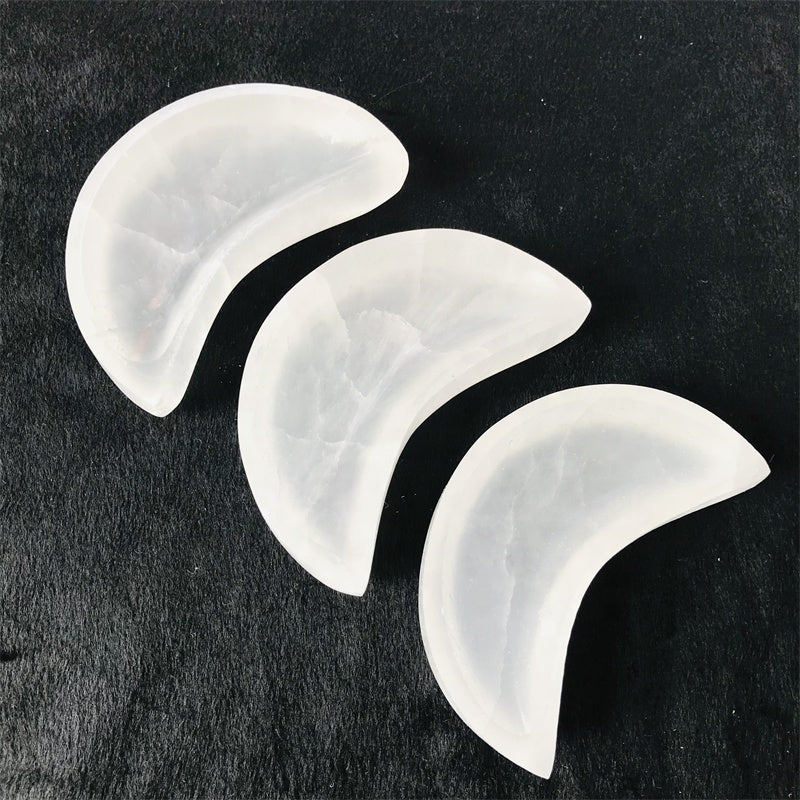 Selenite moon bowl crystal charging plate altar tray hand carved