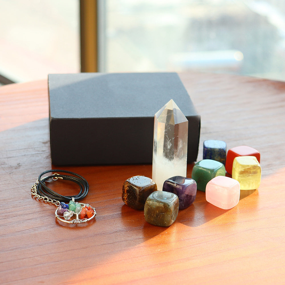 Clear Quartz Wand & Healing Energy Kit | Crystal Grid Tumbled Stones Set