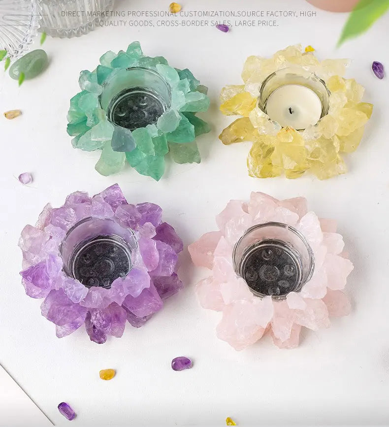 Natural Crystal Lotus Tealight Candle Holder - Quartz Cluster Sacred Decor